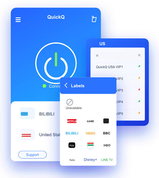 QuickQ 客户端主界面截图 - 一键连接与节点选择